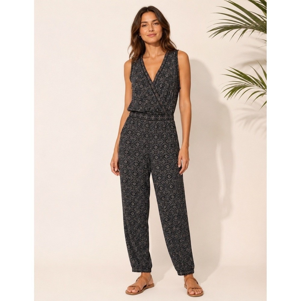Max Studio Jumpsuit Womens XS Black Geometric Floral Print Polyester Pockets